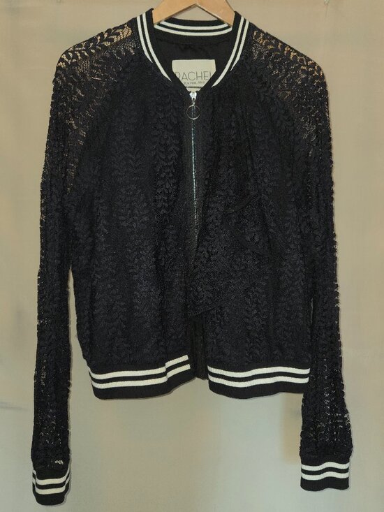 RACHEL Rachel Roy Jackets & Blazers - RACHEL ROY Lace Bomber Jacket. sz XL. Long Sleeve Zip Front Striped Trim Ruffle
